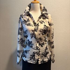 COLDWATER CREEK Gauze Shaped Button-Up Cream/Black Floral Sz PXL Sophisticated